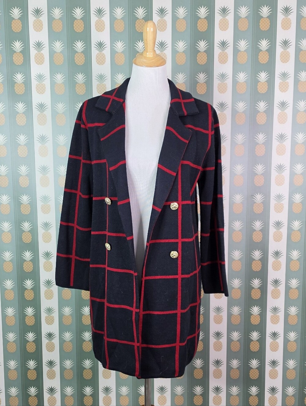 Anne Klein Navy and Red Windowpane Double-Breasted Cardigan